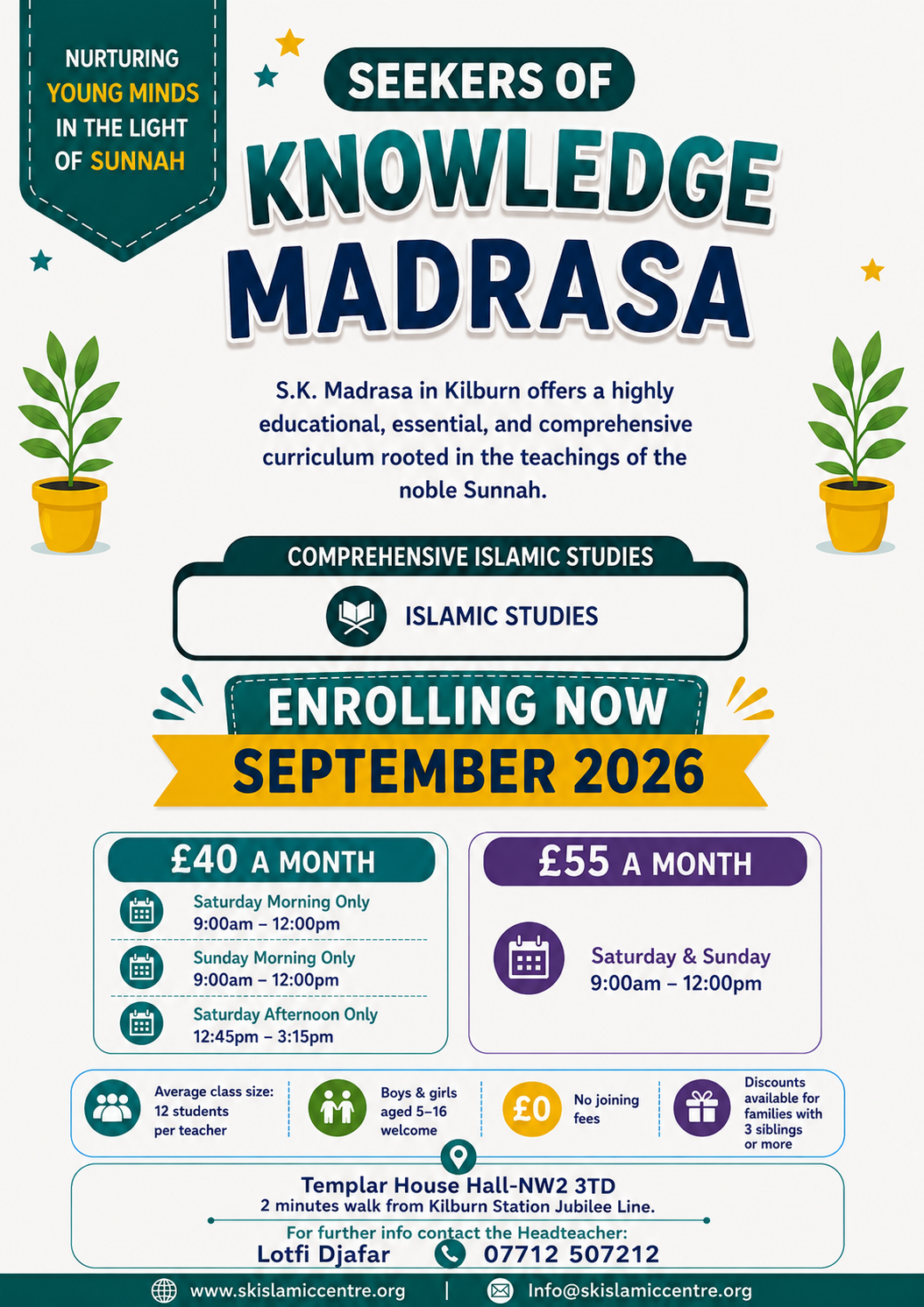 Arabic Madrasa poster with days, times and fees
