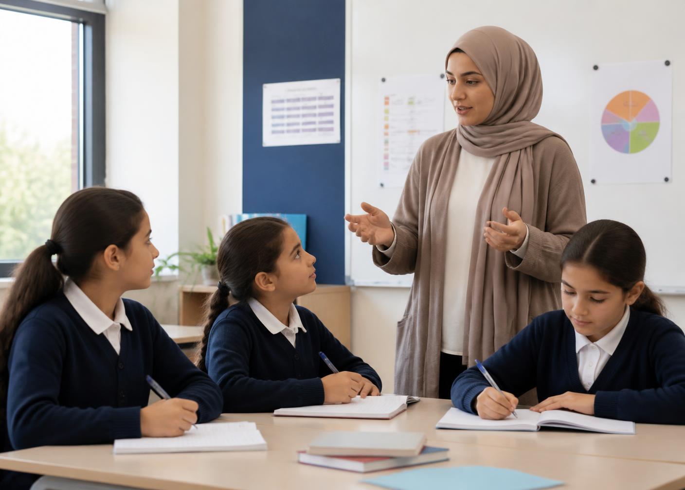 Female teacher leading a class of girls in a bright classroom
