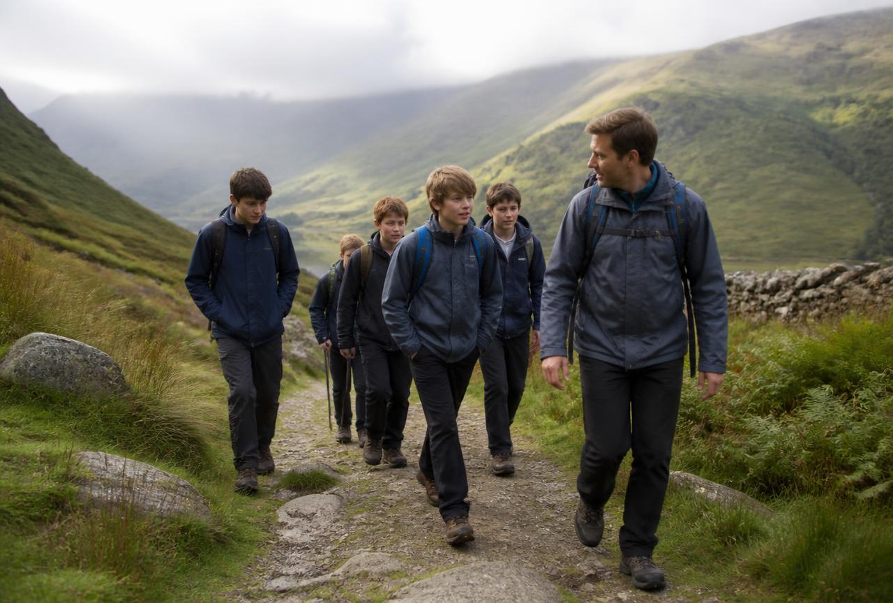 Teenage boys hiking a countryside trail with a male youth leader during a weekend retreat