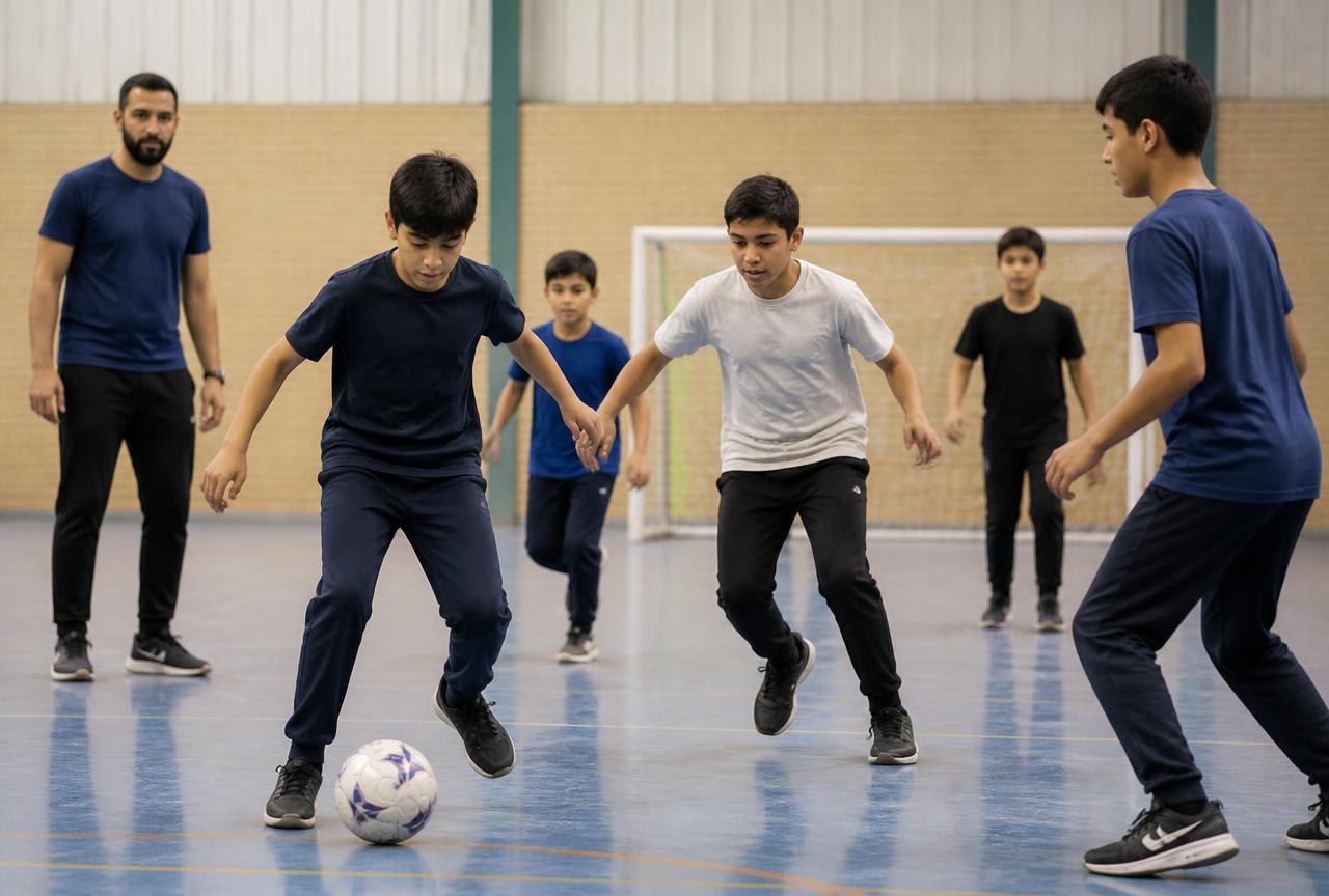 Boys playing indoor five-a-side football with a male coach watching