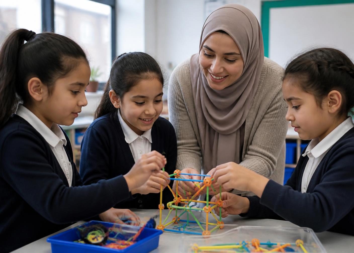 Girls working together on a group activity with their teacher