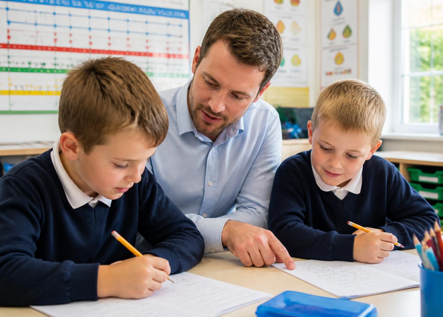 Male teacher helping two boys with their maths work
