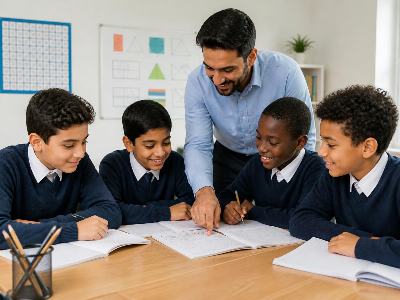 Arab, Asian and African boys studying together with their male tutor at a bright learning centre
