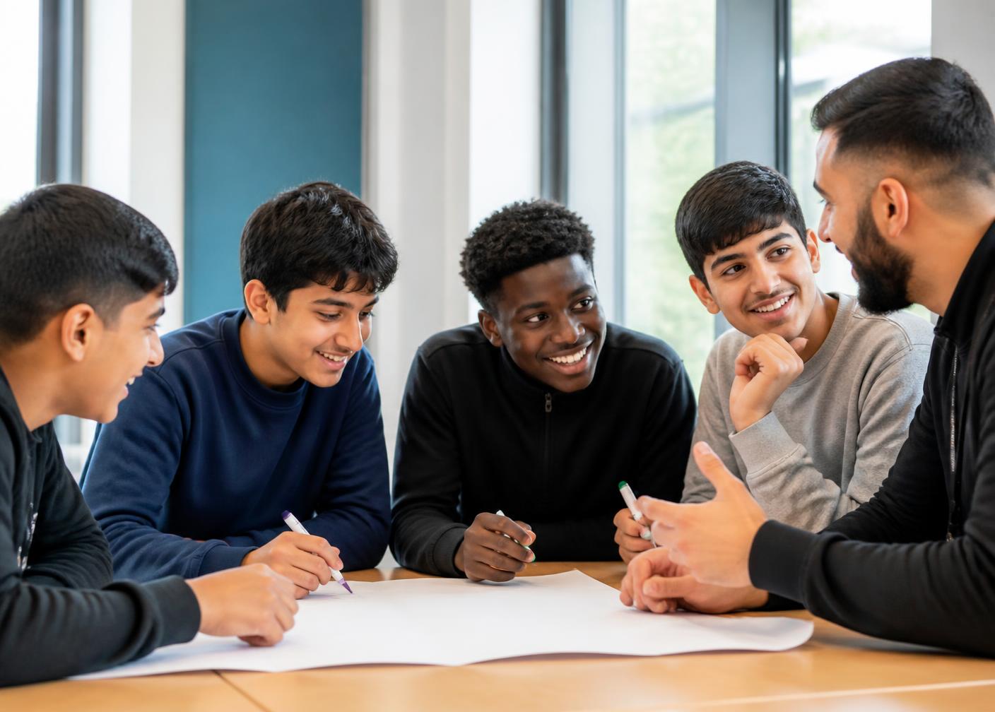 Young men and boys working together on an activity at the learning centre