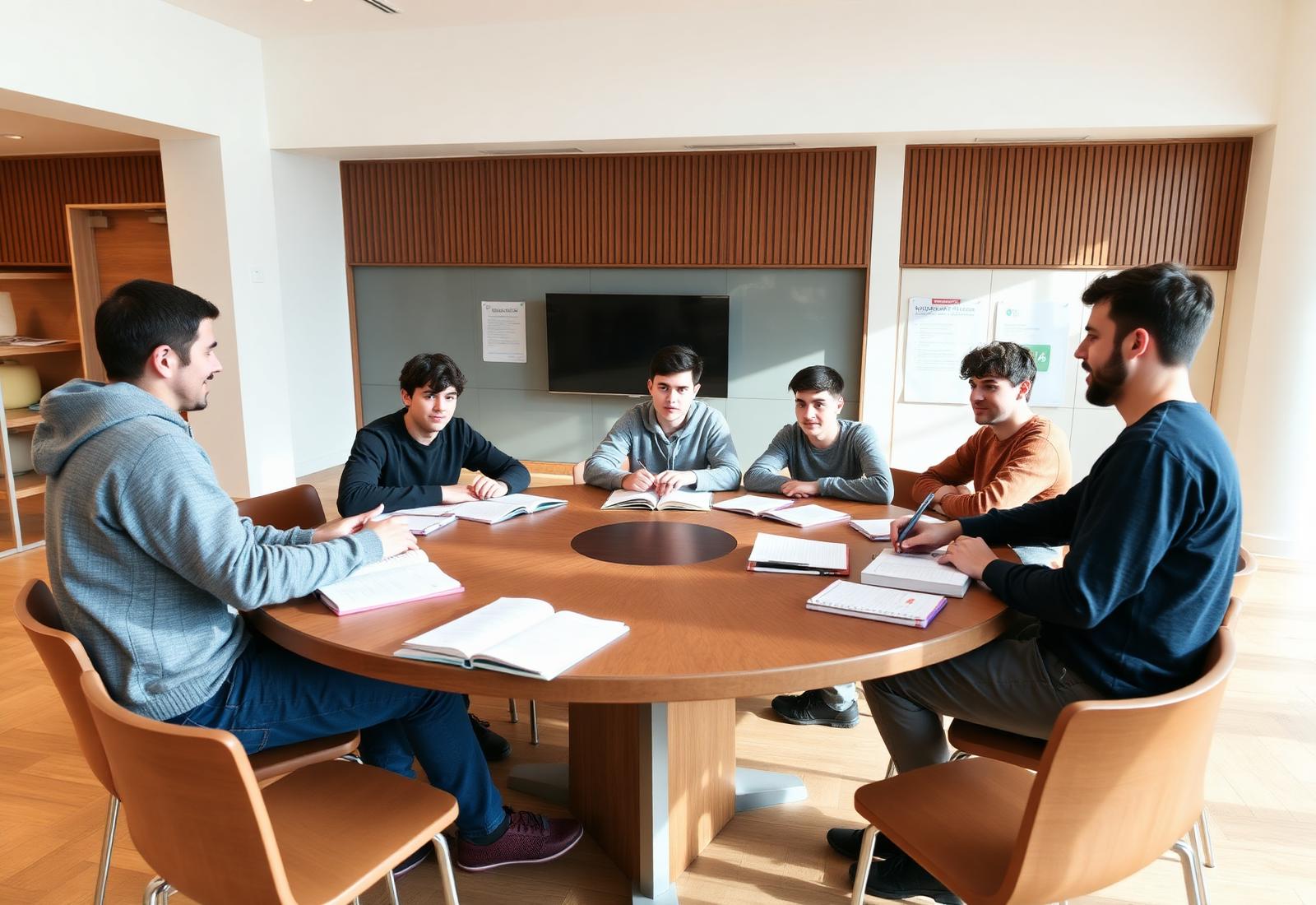 Young people and a male mentor sitting around a round table with open books during a knowledge circle discussion